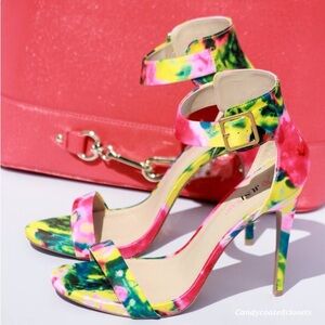 JustFab Danae heels sandals in tie dye abstract floral neon